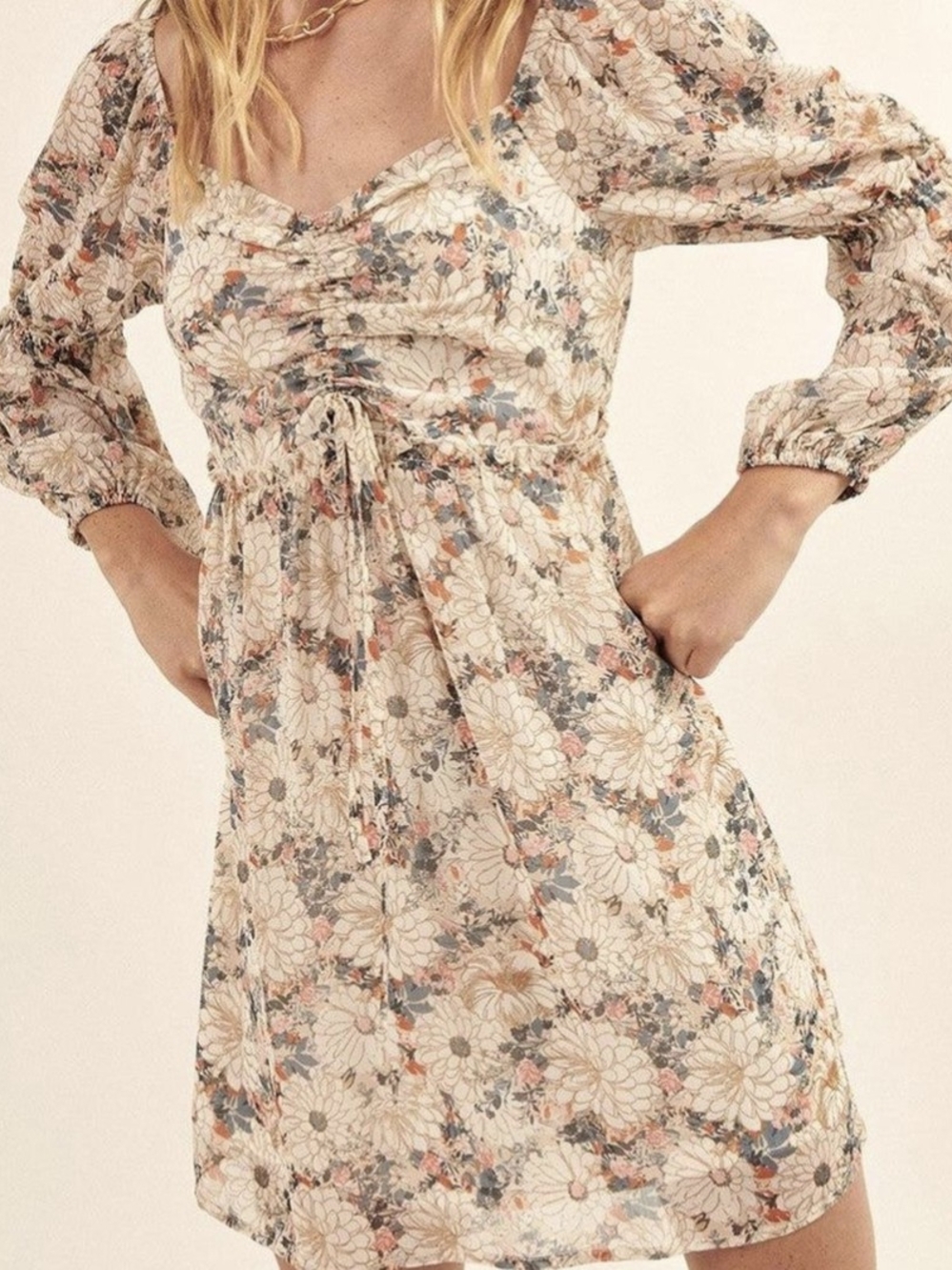 Promesa Cream Floral Puff-Sleeve Mini Dress with Blue and Pink Details